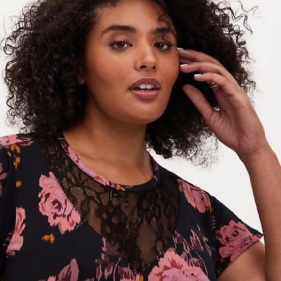 Torrid Floral Studio Knit Midi Dress Flutter Sleeves Lace Trim Black - Picture 3 of 11